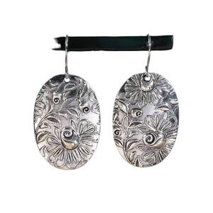 Silver Floral Embossed Oval Drop Earrings
